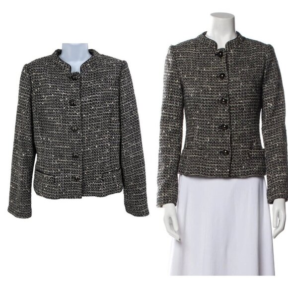Elie Tahari Virgin Wool Tweed Blazer Jacket Coat Button Up Large Black - Picture 1 of 8